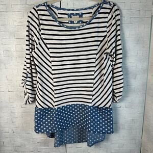 Anthropology tee shirt blue  white nautical roll tab sleeve polkadot stripe ￼